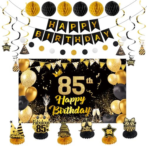 Happy 85th Birthday Party Decoration: Including Birthday Banner Backdrop Party Table Centerpieces and Hanging Swirl Party Streamers Birthday Decor for Men and Women (Gold/Black 85th Birthday)