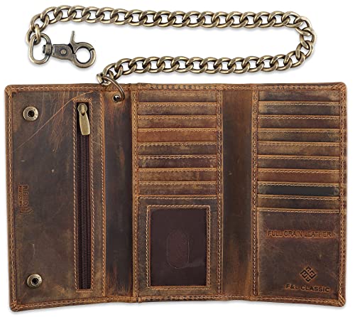 Image of F&L CLASSIC RFID Blocking Mens Tri-fold Long Style Cowhide Leather Steel Chain Wallet,buffalo wax vintage leather,212 wax brown
