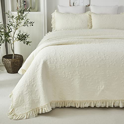 Brandream 20230516QS001 Cream Yellow White Quilt Set Queen Size Cotton Matelasse Bedding Luxury Ruffle Bedspread 3-Piece cover