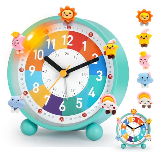 PIXESTT Réveil pour enfants, pour la rentrée scolaire, pas de tic-tac, avec veilleuse et fonction snooze, avec 5 décorations de réveil, convient pour l'apprentissage, le réveil au sommeil