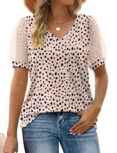 Image of Aokosor Womens Summer Tops V Neck T Shirts Swiss Dot Puff Sleeve Tops Loose Casual Tshirts