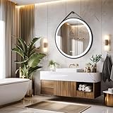 LUVODI 照明付きLEDバスルームミラー:61.0 cm ラウンドウォールマウントハンギングバニティミラー フロントライト付き - 大きな調光可能な3色メイクアップミラー ブラックフレームセンサー付き タッチ曇り止め 寝室の玄関用