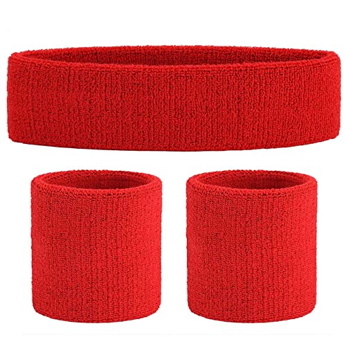 ONUPGO Red Sweatband Sports Headband Striped SweatbandsSet Terry Cloth Wristband Athletic Exercise Basketball Wrist Sweatband and Headbands Moisture Wicking Sweat Absorbing Head Band