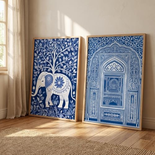 Image of Livin'luxe Set of 2 Blue Elephant Arch Wall Paintings for Living Room Bedroom Home Decor with Premium Wooden Color Synthetic Frame (13.5 x 19.5 Inch) NM02-59