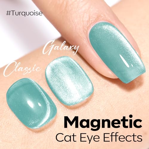 Image of modelones Green Cat Eye Gel Nail Polish Blue Turquoise Gel Polish Jelly Glass with Magnet Holographic Glitter Shimmer Translucent Sheer Color Magnetic Nail Polish 15 ML