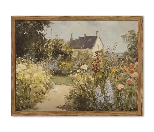 Image of Vintage Painting Wall Art, Country Landscape Wall Decor, Nature Wildflower Farmhouse Pictures Canvas Prints for Bedroom Bathroom Living Room 16x12 inch Wood Framed
