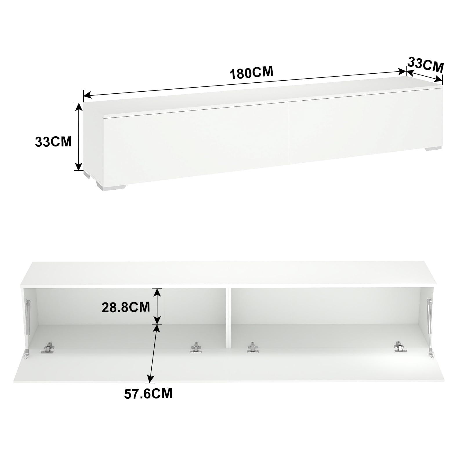 Mobile TV Bianco, 180x33x30cm, con Luce Led, con 2 Vani Portaoggetti, Mobile TV Sospeso per Soggiorno, Camera da Letto, Bianco