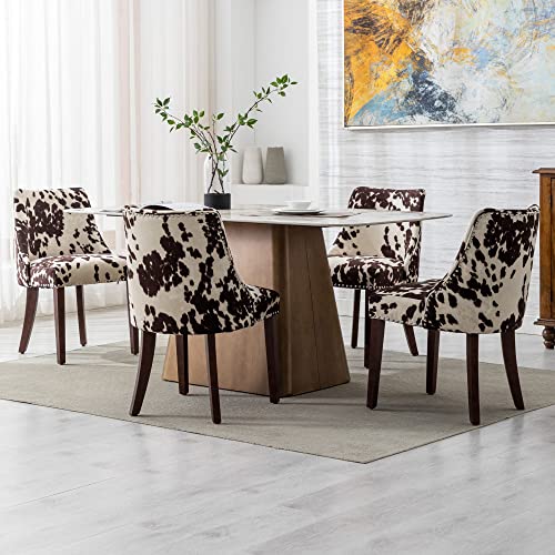 Mid Century Modern Dining Chairs Set of 4 Upholstered Velvet Accent Chairs Wooden Side Chair for Living Room/Dining Room/Bedroom, Cowhide Print
