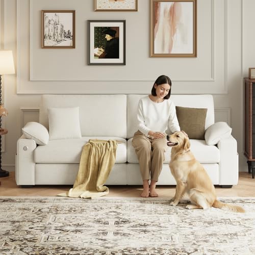 Image of MALOL 89 inch Loveseat Couch, 3 Seater Upholstered Mid-Century Mondern Love Seat with USB Type C Ports, 4 Pillows and Storage Armrest Cloud Foam Sofa for Living Room /Small Spaces, Beige