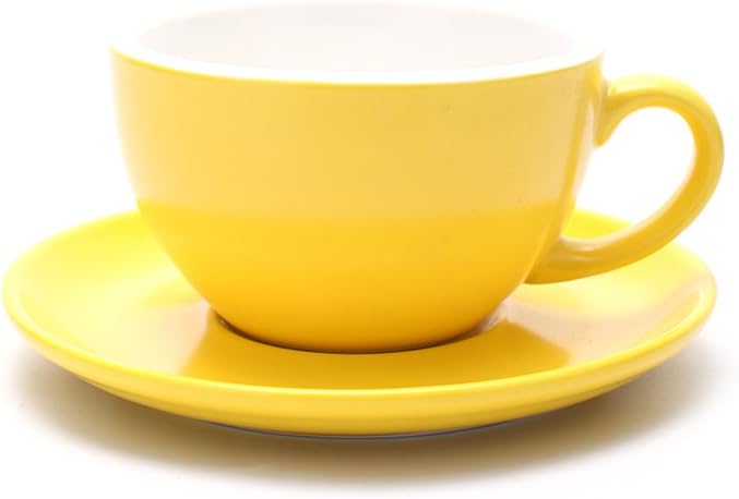 Coffeezone Ceramic Latte Art Cup and Saucer for Cappuccino & Manual Brew Coffee, New Bone China, Mate for Coffee Shop and Barista (Matte Yellow, 8.5 oz)