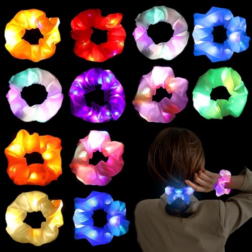 Joycabin 12 Pcs LED Light Up Elastic Hair Bands, Luminous Hair Scrunchies with 3 Light Modes, LED Scrunchies for Women Girls