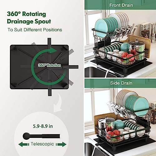 MAJALiS Dish Drainer Rack, 2 Tier Dish Drainer with Drip Tray and Drainer Mat, Stainless Steel Dish Rack with Utensil Holder, Swivel Spout, Draining Board for Kitchen Counter, Black - Image 3