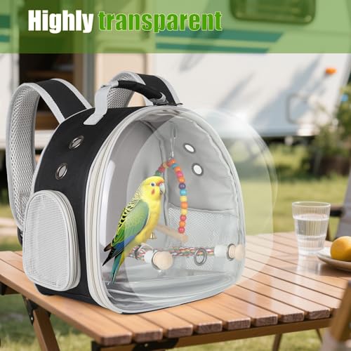 Image of Portable Parrot Travel Cage Carrier with Small Swing Toy&Cage Colorful Toys Set Small Bird Parakeet Bag with Standing Perch Bird Carry Transport Bag (Black, Backpack /Swing)