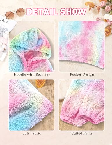 Image of Shallmu Girls Fuzzy Bear Ear Plaid Hoodie Pullover Sweatshirt with Pocket Sweatpants Fall Winter 2 Piece Outfits