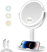 Espelho de maquiagem com luzes, espelho de ampliação 20X com interruptor de luz e toque, espelho de vaidade com luz de 3 cores e 80 LEDs, espelho ampliado iluminado nos dois lados 21 cm