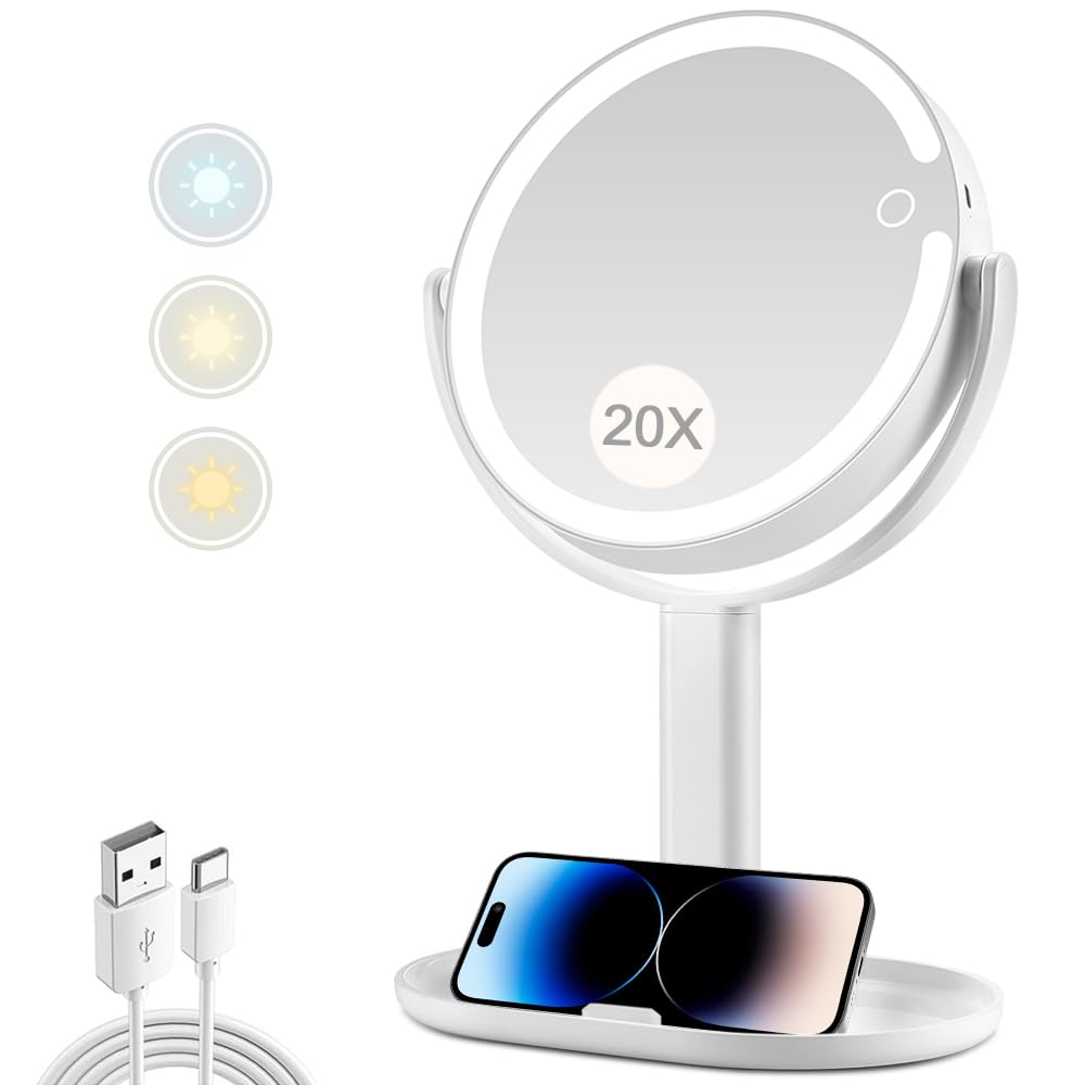 Makeup Mirror with Lights,20X Magnifying Mirror with Light and Touch Switch,Vanity Mirror with 3 Color Light and 80 LEDs,2-Sided Lighted Magnified Mirror 8.8 InchesMakeup Mirror with Lights,20X Magnifying Mirr…