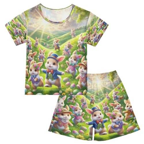 Rabbits Easter Eggs Pajama Set Short Sleeve PJ Set Cotton Summer Pajamas Sleepwear Soft 5Y
