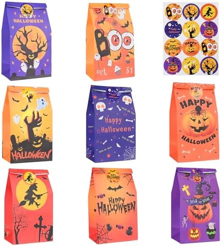 leconico Halloween Treat Bags - 24pcs Halloween Paper Treat Bags, Candy Bags, Trick or Treat Bags with Stickers, Wide Opening for Easy Filling, Perfect for Party Favors and Halloween Gifts
