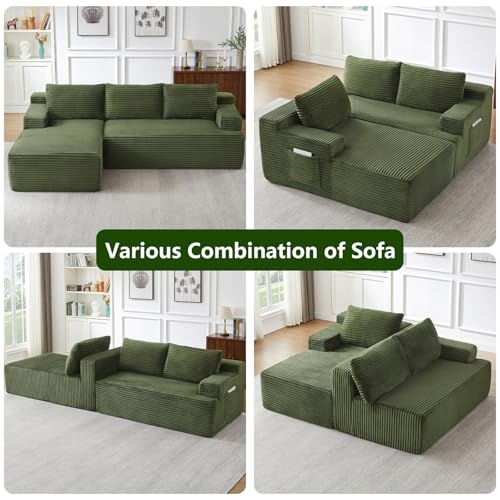 Image of 96 inch Modular Sectional Sofa, Modern Corduroy Cloud Couch, Boneless Couch Upholstered 3-Seater L-Shaped Sofa for Living Room, No Assembly Required (Green, Left-Facing Chaise)