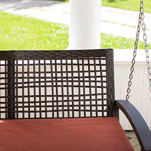 Image of Carry Bird Rattan Wicker Resin Two Seater Sofa Swing For Adults | Garden & Outdoor Hammock Double Swing With Cushions For Kids | Porch Swing Hanging Chair With Cushion & Iron Chains | Jhula | 2 Seater Sofa Swing | All Weather /Balcony /Patio /Indoor /Backyard /Porch /Yard /Outdoor Furniture | Dark Brown Swing-Rust Cushion
