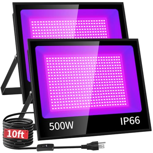 Image of 500W Black Light IP66 with 10ft Cable, Powerful for Halloween Large Space | 2 Pack LED Blacklight Flood Light Outdoor with Switch, Glow in the Dark Party Supplies for Gym Classroom Dance Party Decor