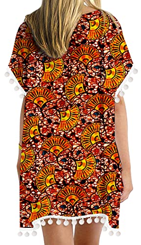Raisevern Women's Cover Ups Boho Swimsuit Beach Bohemian Bathing Suit Kaftan Dashiki Bikini Cover Ups For Swimwear With Pom Pom M-L #TOP21