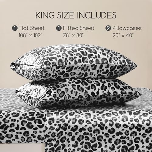 Image of MR&HM Satin Sheets with Elastic Corner Straps, King Size Sheets Set, 4 Pcs Silky Bedding Set with 15 Inches Deep Pocket for Mattress (King, White Leopard)