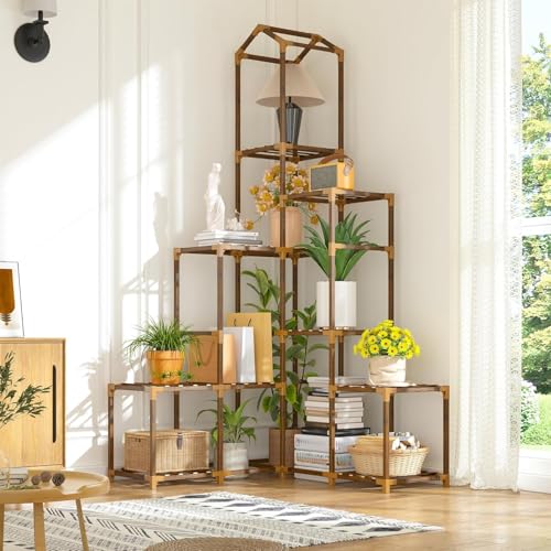 Image of Snazzy 64.2 inch H Plant Stand Indoor Outdoor Tall Plant Shelf for 13-19 Pots Corner Tiered Plant Stands for Multiple Plants Wood Hanging Plants Holder for Garden Balcony Patio Window Porch