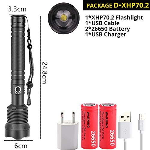 Preisvergleich Produktbild Xhp70.2 LED-Taschenlampe, 6500 Lumen, leistungsstärkste LED-Taschenlampe, wiederaufladbar, per USB wiederaufladbar, 26650 18650 Akku, A8 Paket A Xhp50