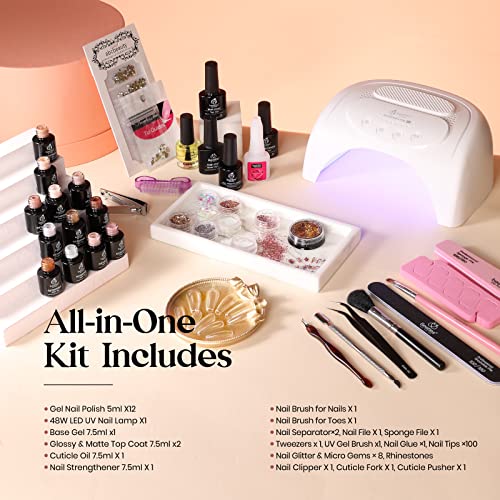 Beetles Gel Nail Polish With 48W Uv Light Starter Kit 12 Colors Pastel Pink Nudes Gel Nail Polish With Base Top Coat Peach Glitter Gel Glitter Powder Nail Art Rhinestone Gems Manicure Kit #TOP1
