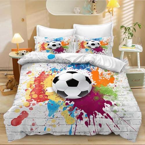 CHEFFS Ropa de cama infantil de 135 x 200 cm, diseño de fútbol, para niños y niñas, con tema deportivo, estampado 3D, 100 % microfibra, funda nórdica y funda de almohada (135 x 200 cm, 18)