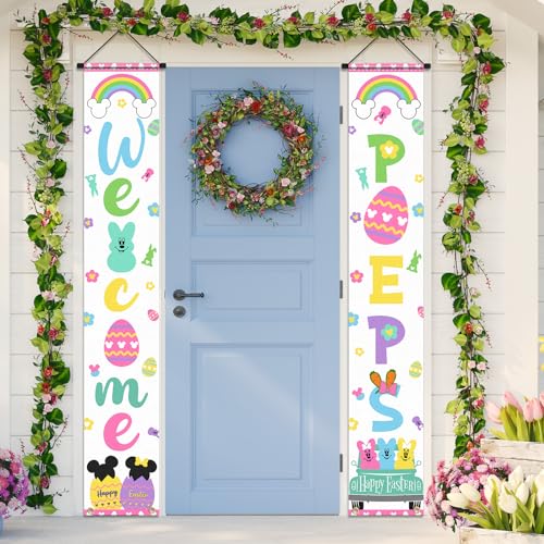 Welcome Bunny Porch Sign Banner, 2pcs Happy Easter Door Decoration, Mouse Theme Front Door Welcome Sign Hanging Banner for Spring Theme Supplies