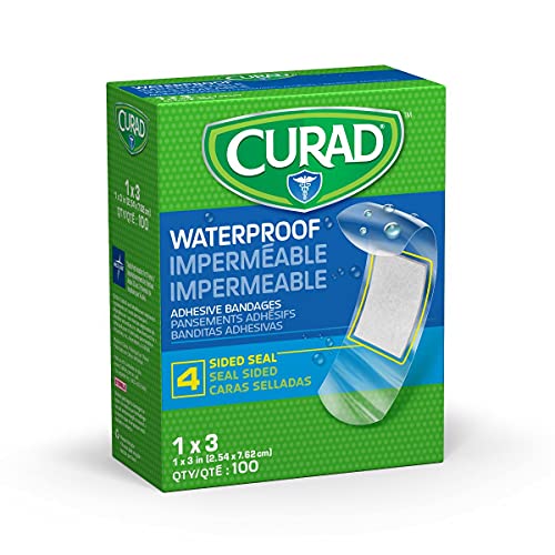 CURAD Plastic Waterproof Adhesive Bandage for First Aid Stays on in the Pool Holds for 12 Hours Bandages for Fingers & Elbows Sterile 1 x 3 Inches 100 Count