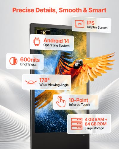Image of VEVOR 43 in Indoor Digital Signage Floor Standing Advertising Display Kiosk, WiFi HDMI /USB Input Android OS, 178 Wide View, LCD Touchscreen Interactive Monitor, Mobile Commercial Totem Poster