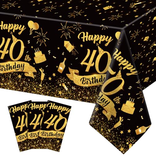 Image of NatNarr 3 Pack 40th Birthday Plastic Tablecloth, 54x108 Inch Black Gold Disposable Rectangle Table Cover Waterproof Table Cloth for Birthday 40 Anniversary Party Supplies