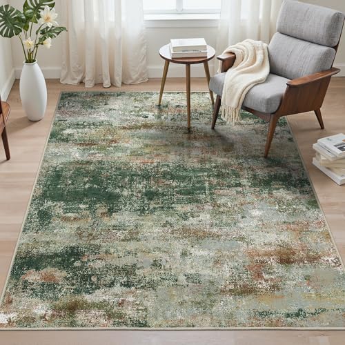 Image of BEIMO Area Rugs 8x10 for Living Room Bedroom, Modern Abstract Machine Washable Rug, Large Soft Low Pile Floor Carpet with Non Slip Backing for Dining Room, Green /Brown