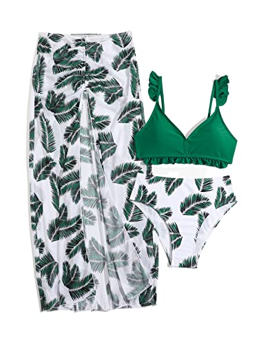 Verdusa Girl's 3 Piece Ruffle Trim Bathing Suit Bikini Swimsuits with Cover Up Skirt
