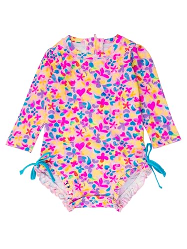 Image of RuffleButts Baby Girls UPF 50+ Sun Protection Floral Printed Long Sleeve One Piece Rash Guard Swimsuit with Zipper