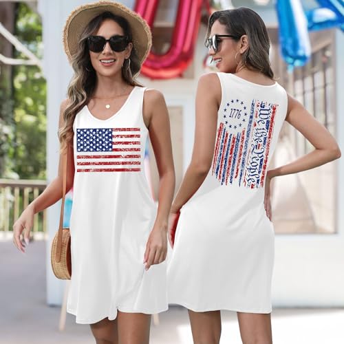 Image of NEWWEN American Flag Dress Women 4th of July Sleeveless Tank Dress 250 Anniversary USA Patriotic Summer Sundress