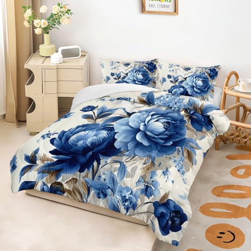 Image of AILONEN Blue and White Floral Comforter Full Size with 2 Pillowcases,Elegant Peony Bedding Set 3Pcs for Women Girls,Romantic Flowers Print Quilt Set for Home Decor
