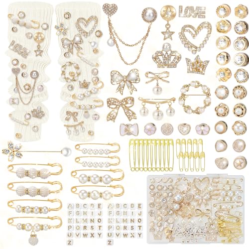 132 Pcs Junk Socks Charms Kit Brooches and Pins for Women Shoe Charms with Pearl Safety Pins and Brooch Buttons Teen Girl DIY Accessories for Decorating Socks Sneakers Clothes (Golden)
