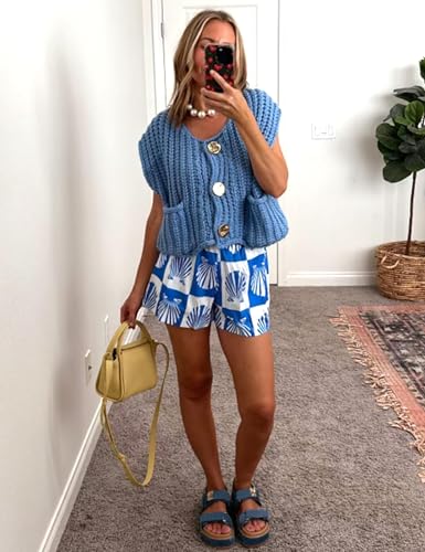 Image of Women's Sleeveless Chunky Knit Cardigan V-Neck Button Down Vest Casual Loose-Fitted Crochet Sweater with Pockets 2024