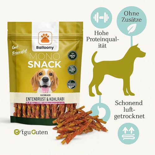 Balloony.pet Monosnack Kaustangen Entenbrust & Kohlrabi – Natürliche hundeleckerli für empfindliche Hunde – Luftgetrocknete leckerlies für Hunde (150g)