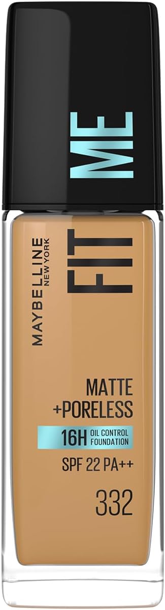 Maybelline New York Fit Me Matte + Poreless Liquid Foundation, pore minimising, lightweight formula suitable for daily use, Matte Finish Foundation for Indian Skin - 332 Golden Caramel, 30 ml