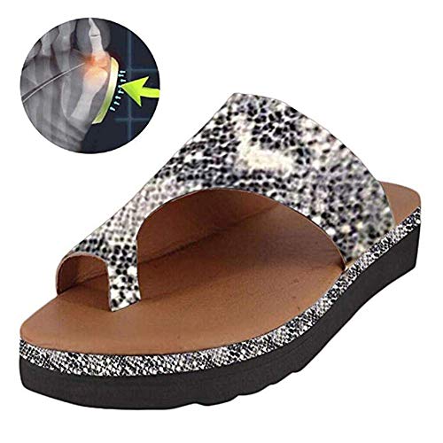 W&TT Verano Mujeres Sandalias Zapatos de Suela Plana PU Zapatillas de Cuero Antideslizante Resistente al Desgaste Zapatillas cómodas para ortopédica Dedo Gordo del pie de la Playa Travel,Silver2,36