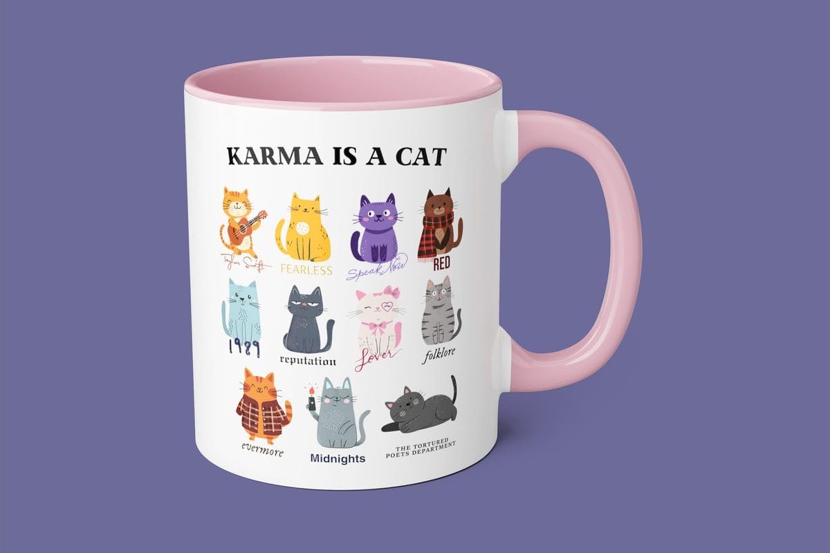 Taylor Swiiftie Karma is A Cat Inner Colored & Rim 350 ML White Tea/Coffee Mug Best Gift for Pop Singer Lover (Pink Rim)