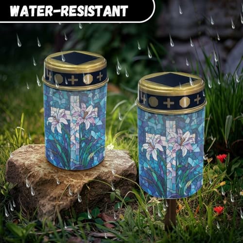 Image of Cemetery Solar Lights for Grave, Cross Lily Pattern Outdoor Decor, Outdoor Garden Waterproof Path Lights for Night Outside