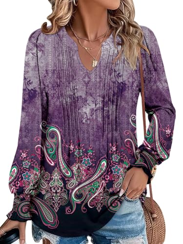 BETTE BOUTIK Long Sleeve Shirts for Women Fall Tops Dressy Blouses Pleated V Neck Tunic Tops for Leggings S-3XL