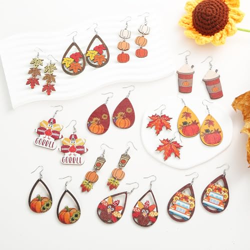 24PCS Thanksgiving Earrings Set Autumn Fall Earrings for Women, Wooden Maple Leaf Sunflower, Turkey, Pumpkin Earrings-Thanksgiving Jewelry Gifts Decor2