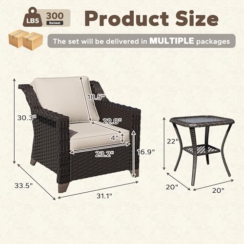 Image of 3 Piece Patio Furniture Set, Wicker Outdoor Conversation Set | Patio Chair Set with Olefin Removable Cushion, All-Weather Armchair Set with Deep Seat for Porch, Deck and Backyard, Beige